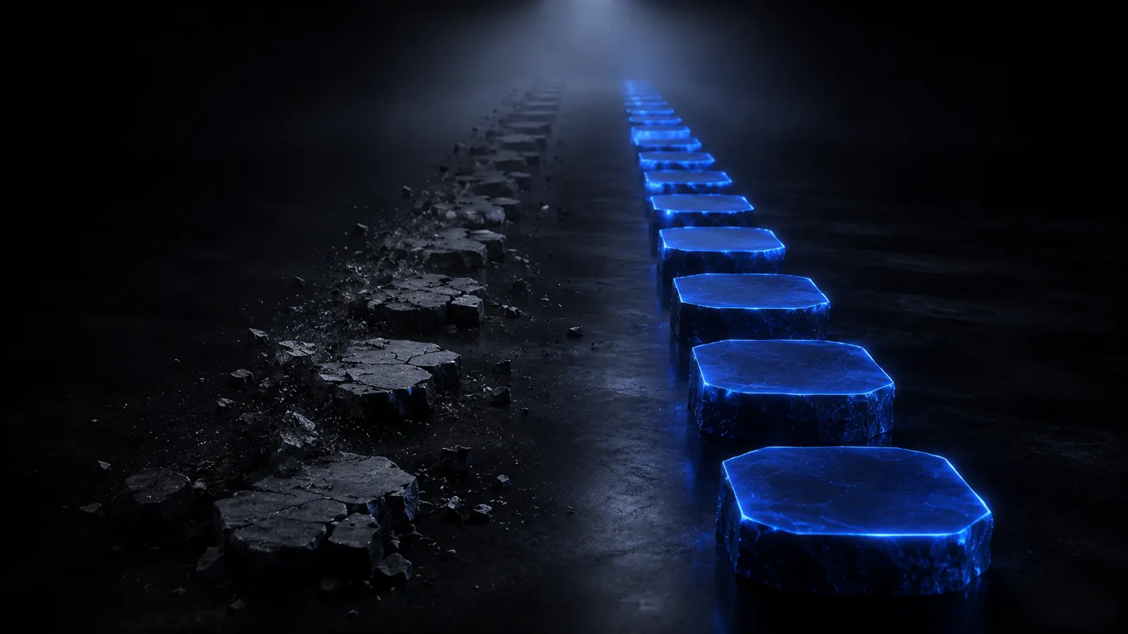 Two stone paths: the left one gradually crumbles, the right one stays solid and lit - two website cost paths that diverge after two years