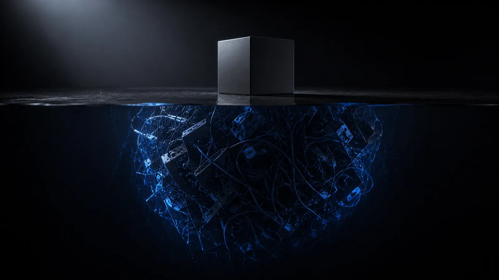 A black cube on the water's surface with a tangled mass of cables and components hidden below - the hidden costs of a ready-made template that only show up with time