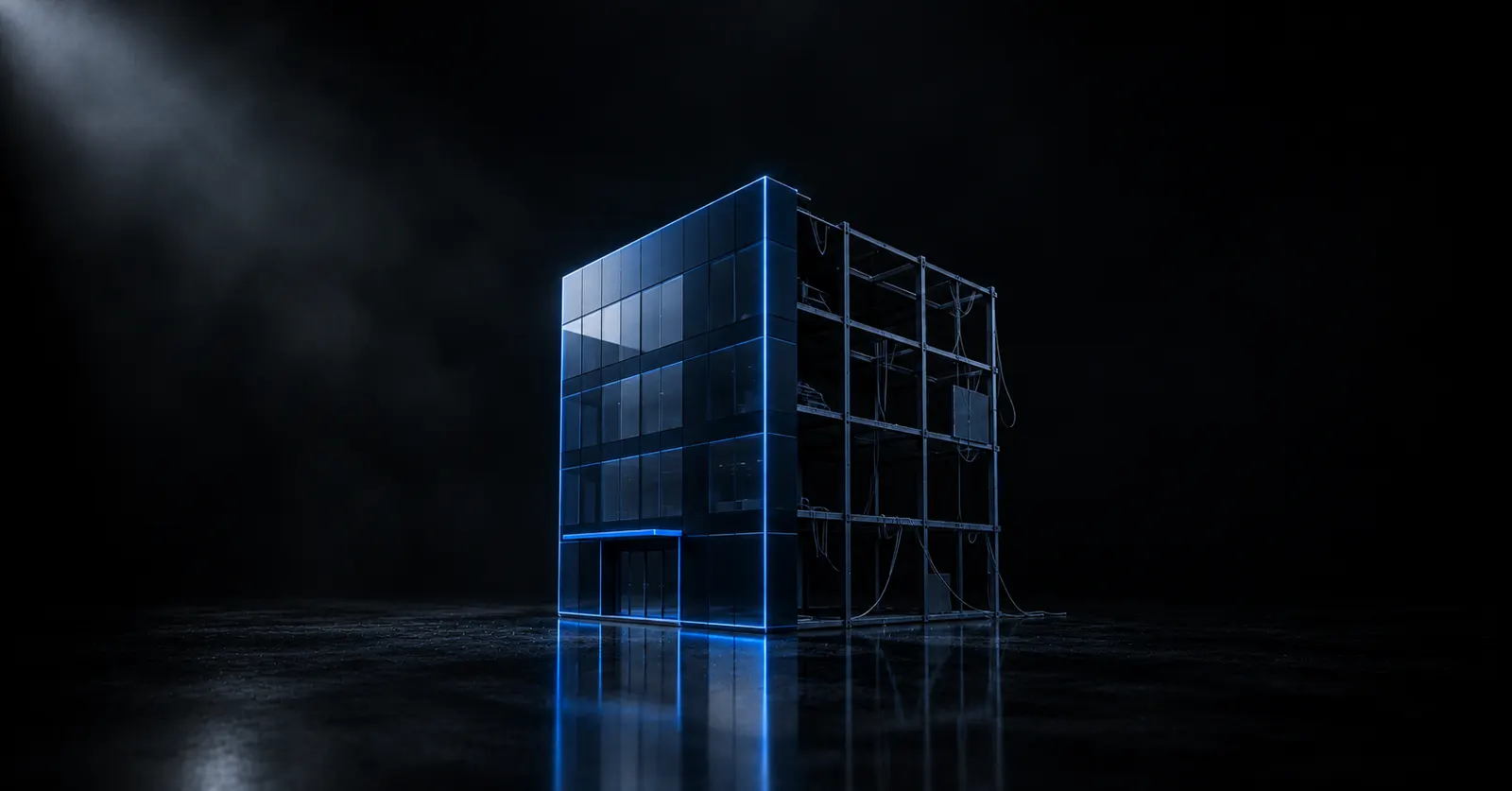 An AI-generated website - a polished building facade with an unfinished, unsecured structure visible behind it
