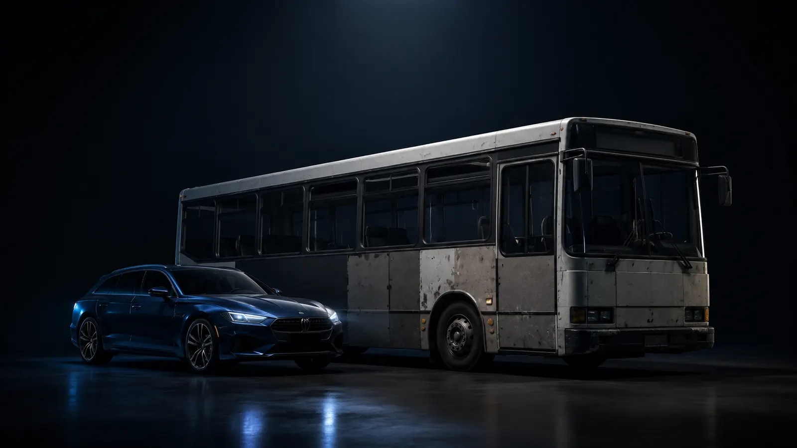 A car next to a worn-out city bus - a metaphor for buying a store with features you'll never use