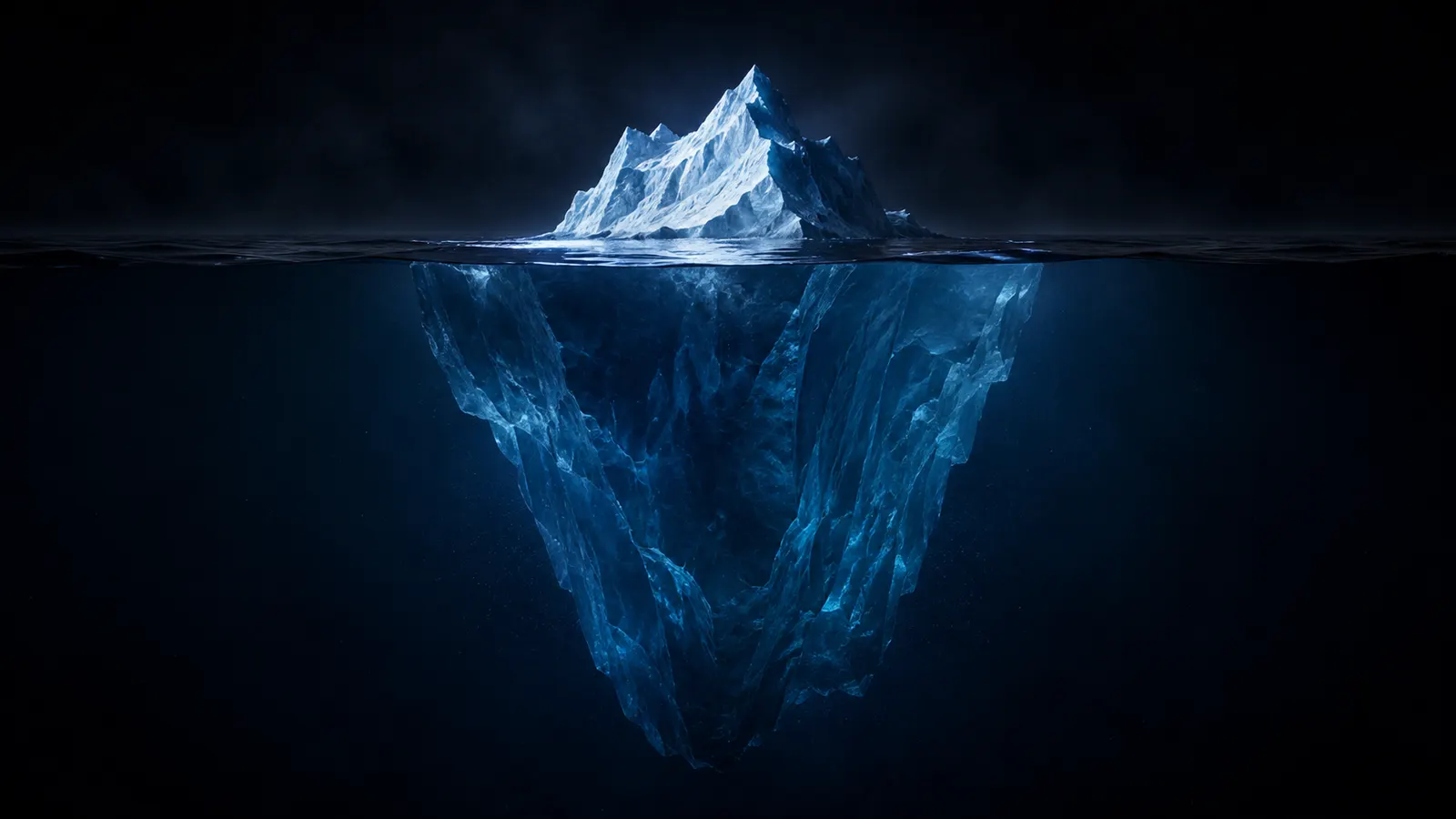 An iceberg with a small peak above the water and a huge mass of ice hidden beneath the surface - a symbol of maintenance costs hiding under the build price