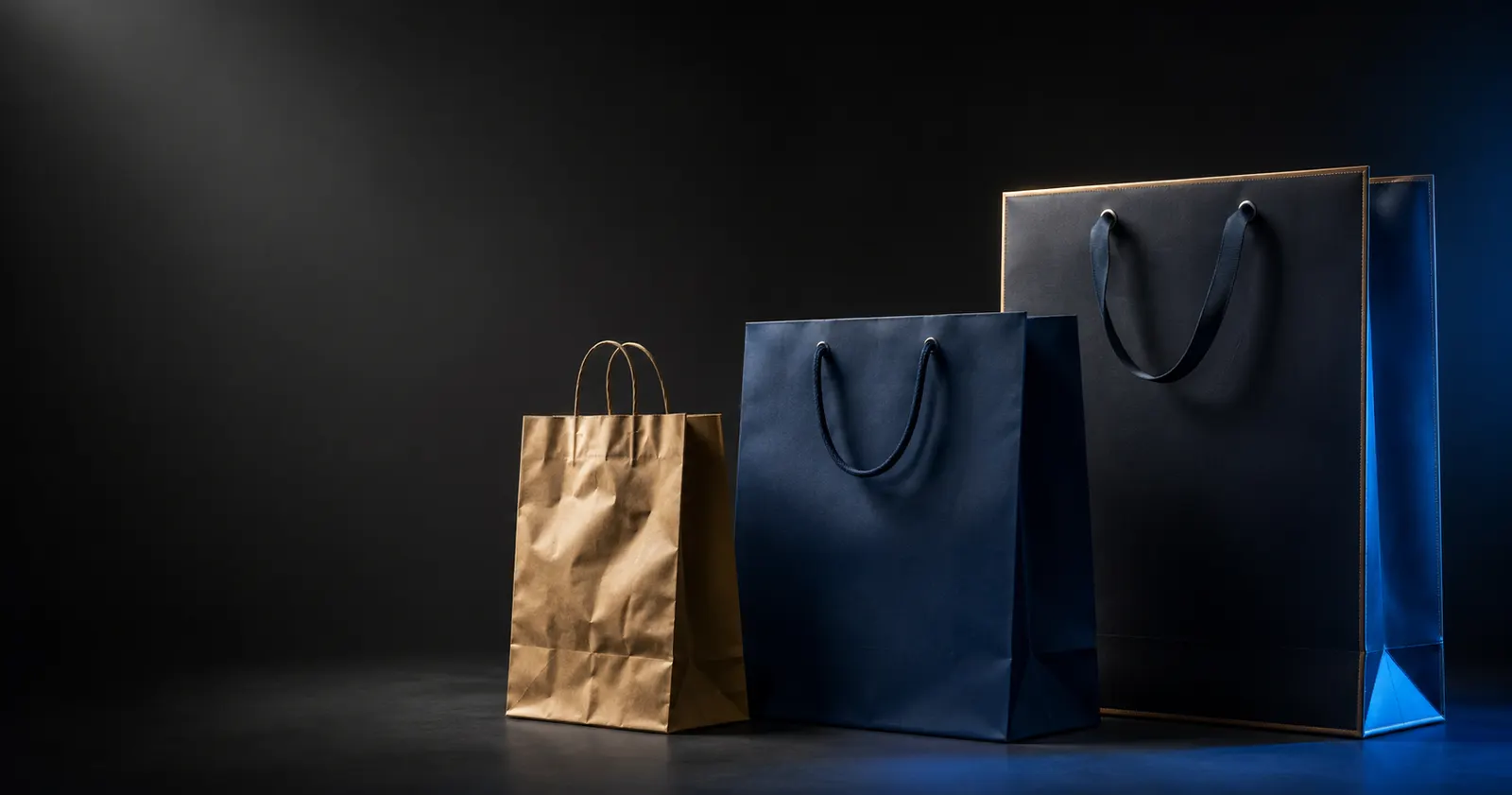 Three shopping bags in increasing sizes - a symbol of the three WooCommerce store pricing tiers
