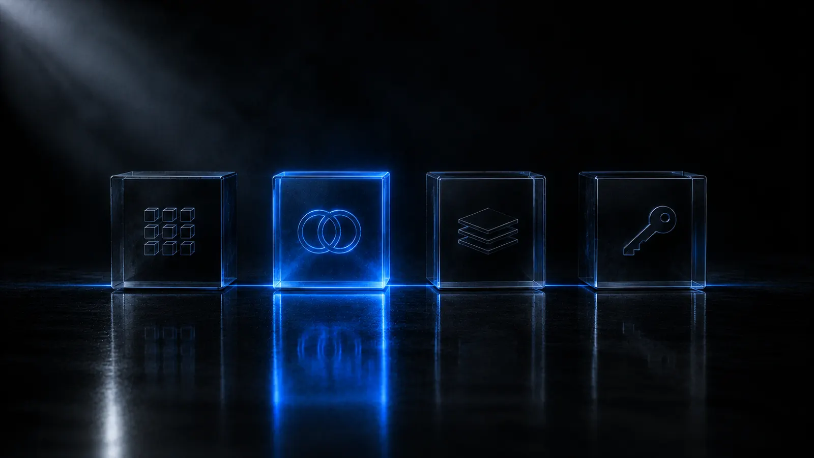Choosing a store platform - four glass blocks on a dark background, one lit up in blue as the answer