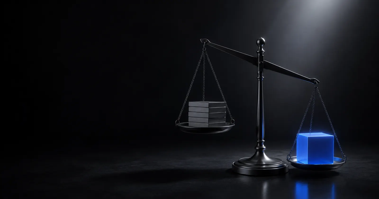A balance scale where a single glowing cube outweighs a stack of gray boxes - a symbol of the full two-year bill for a template versus a custom website