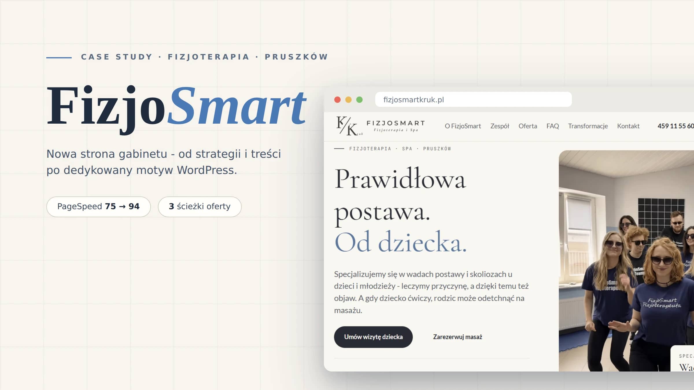 Okładka case study FizjoSmart - nowa strona gabinetu fizjoterapii z Pruszkowa w oknie przeglądarki, obok wzrost PageSpeed z 75 do 94 i trzy ścieżki oferty