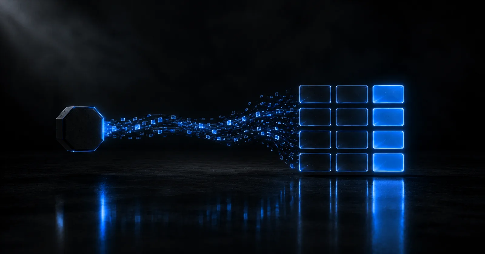 Delivery Table for Flexible Shipping - shipping rules streaming out of a node and settling into a glowing table: rows of shipping methods and columns of order value thresholds