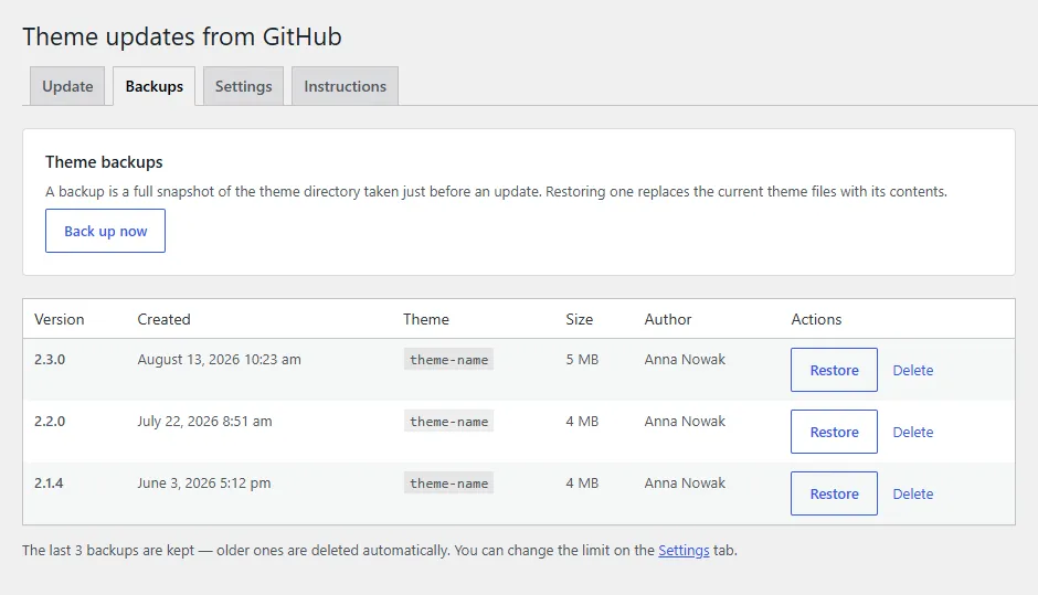 Backups tab - list of theme backups with dates and a restore button