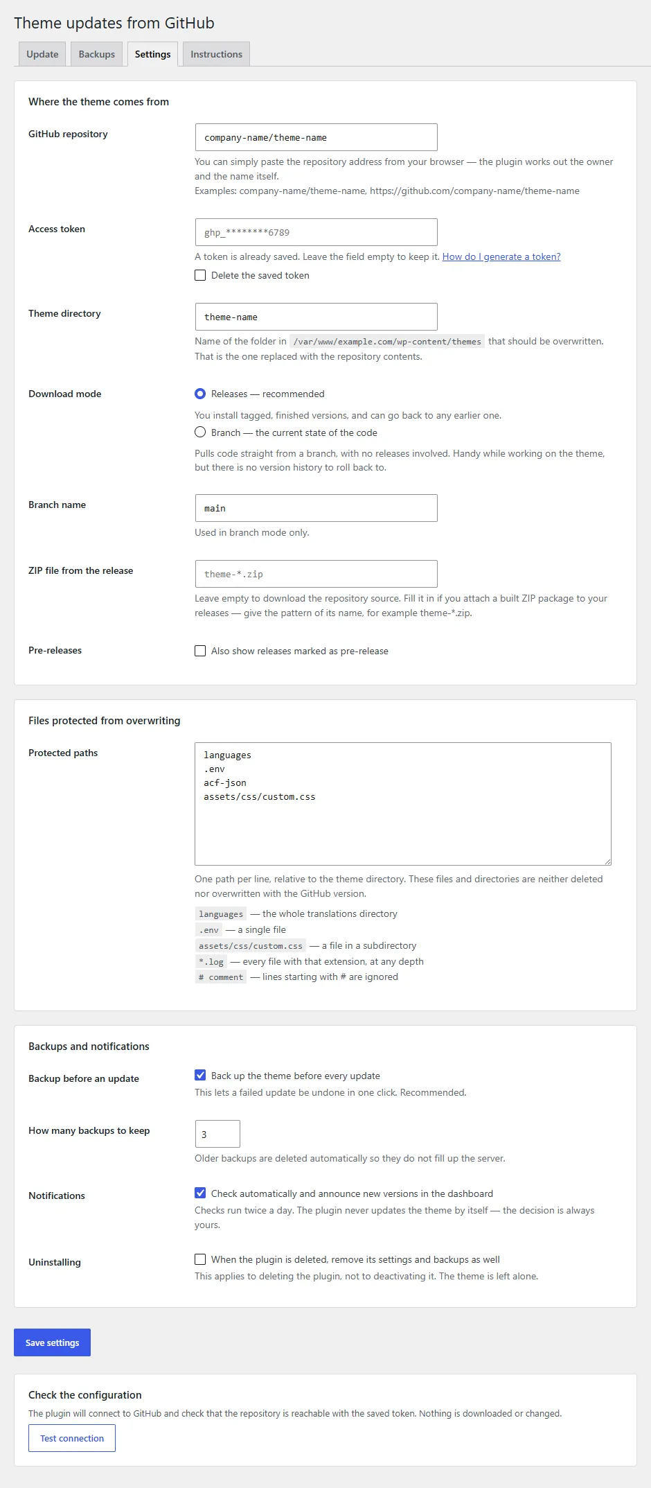 Settings tab - repository, token, theme directory, update source, protected and ignored paths