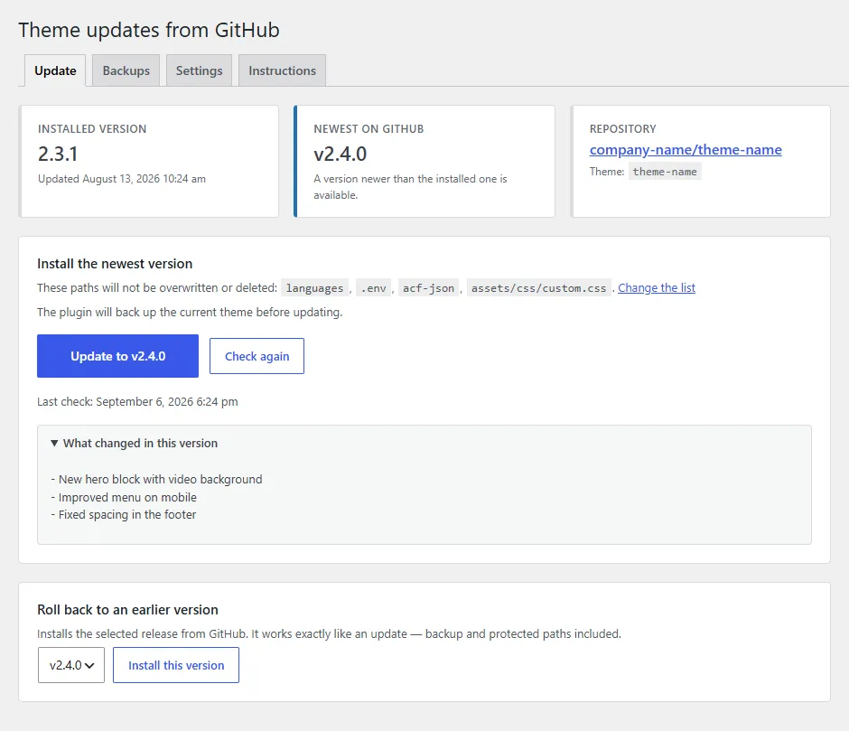 Update tab of the GitHub Theme Updater plugin - list of releases from GitHub, installed version and the update button